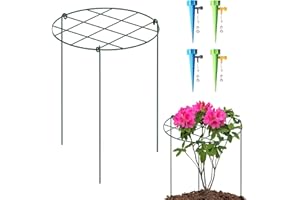 KAZITOO 4 Pack Round Grow Through Plant Supports, Metal Grow Through Grid with 4 Self Watering Spikes, 3 Legs Strong Garden Flower Support for Dahlia, Rudbeckia, Lupin, Agapanthus, Orchid, Peony, 41x30cm