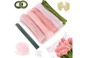V·COLOKISHI 551 Pcs Pink Pipe Cleaner Flower Kit for Tulip Bouquets，Pipe Cleaners for Craft Flowers Chenille Stems Craft Supplies 5 Colors with Floral Wires Tape, Bouquet Packaging, Ribbon, Stamens, Beads, etc.