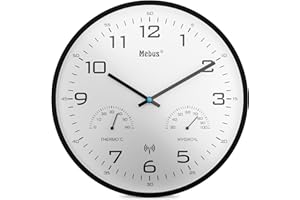 Mebus moderne Funk-Wanduhr mit Temperaturanzeige und Luftfeuchtigkeit, 30 cm, Funk-Uhr, Wohnzimmer, Küchenuhr / Modell: 52840 / Farbe: Schwarz