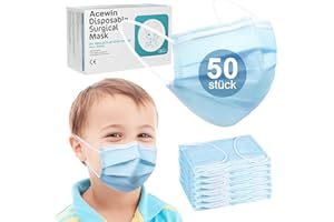 Acewin Einwegmasken Kinder 3 Lagig Masken CE Zertifizierte 50 Stück Kinder Mundschutz Mund Nasen Schutz Einweg Gesichtsmaske Kindermasken,Blau