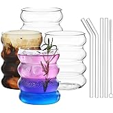 ALINK Gerippte Trinkgläser mit Glasstrohhalmen 4er Set, 350ml Eiskaffeegläser, Wave Gläser Tumbler, Wassergläser,Longdrinkglä