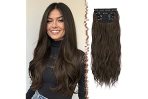 FESHFEN Extension Capelli a Clip - 4 pezzi Lunga Ricci Ondulati Sintetici Naturali Posticci Capelli Extension con Clip per Donna, 50 cm Marrone Scuro