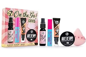 W7 Set regalo On the Go Cuties - Prodotti per il trucco in formato mini con primer, mascara, spray fissante, cipria e spugnetta per trucco - Trucchi in formato da viaggio - Regalo make-up
