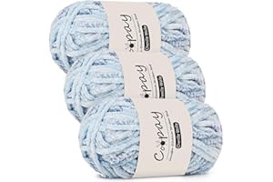 Coopay Lot de 3 Pelotes de Laine Chenille pour Crochet - 100 g de Fil Velouté, Épais et Moelleux - Doux pour Couvertures, Écharpes - Cœur de l'Océan
