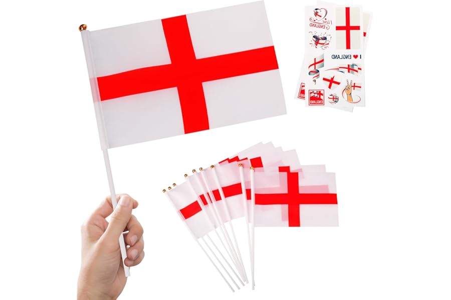 10pcs Small England Flags on Sticks & 2pcs Temporary Tattoos, Mini St. George's Cross Flags on Sticks for Euro Football 2024 Sports Events Celebration Party Decorations