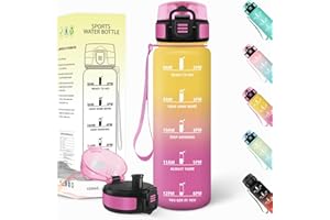 Baramumu Gourde 1l, Anti-Fuite, Gourde Sport, Réutilisable, Bouteille d'eau, avec Marqueur de Temps, Bouteille, Sans BPA, pour Yoga, Randonnée, Fitness, Sport, Jaune-Rose