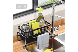 Makenrry Organizador de Fregadero Cocina, Soporte para Estropajo y Esponja con Bandeja de Drenaje, para Almacenaje de Cocina y Baño, con Ventosas (Negro)