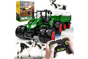PENGBU RC Tracteur Telecommandé Enfant, Tracteur Telecommande Enfant 2 3 4 6 ans, 6 Canaux Tracteur Télécommandé, Jouet Tracteur avec Télécommande, Remorque, Lumière et Vache, Cadeau de Noël pour Enfants