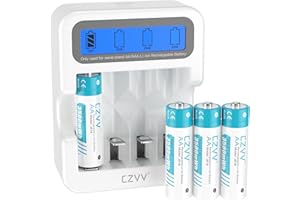 czvv Piles Rechargeables Lithium AA 1,5V - LCD Chargeur avec 4 Pack Accu Haute Capacité 3500 mWh - Ultra Rapide 2H, Longue Durée 10 Ans, 1500 Cycles, Faible Auto-décharge, Aux Souris, Manettes de Jeu