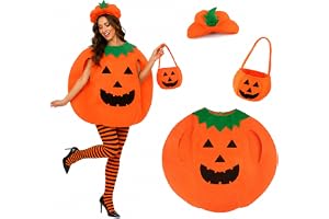 CHUANFU 3-delad pumpadräkt dam, halloween pumpadräkt med pumpahatt | Maskeraddräkter, pumpakostym, vuxna med godisväska, festival, rolig, söt för halloween, karneval, cosplay