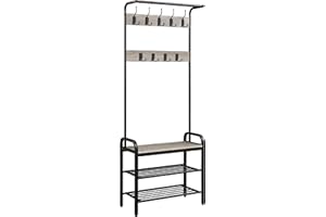 Yaheetech Coat Rack, Coat Stands with Shoe Storage Bench, Shoe and Coat Rack for Hallway/Entryway/Living Room, Industrial Entryway Furniture, Grey