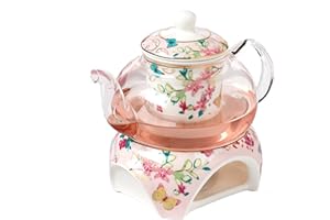 YBKTEX YBK Tech Théière en porcelaine anglaise et verre avec réchaud et infuseur à thé (motifs papillons) Rose