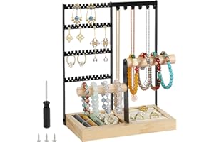 YUTUY Porte Bijoux Présentoir à Bijoux en Metal et Bois Durable,Porte-Bijoux avec Plateau et Crochets,porte collier,Rangement Bijoux pour Chaînes Boucles d'Oreilles Bagues Bracelets Montres
