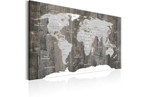 decomonkey Pannello in fibra per puntine 90 x 60 cm contiene 50 pin Mappa del mondo tela su sfondo grigio Bacheca e quadro su tela in uno