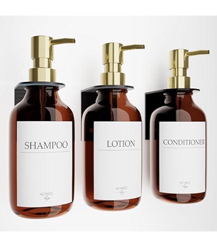 Shampoo- en conditionerdispenser met 16 waterdichte labels, zonder boren, 470 ml, 3 stuks, amber
