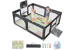 DREAMADE Parc Bébé avec Tapis&50 Balles&Sac de Transport,Clôture Tout-Petits 0-36Mois en Tissu Oxford avec Panier de Basket&Maille Respirante&Porte à Fermeture Éclair (190x160x69cm, Gris Foncé)