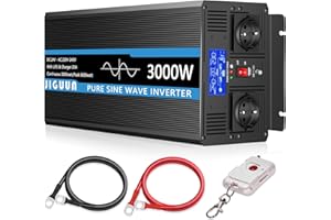JIGUUN 3000W Inversor 24V 220V Onda Pura Inverter con Cargador 20A y Circuito Prioritario de Red y SAI，2 Tomas EU, Mando a Distancia Inalámbrico y Pantalla LCD Potencia Pico 6000W
