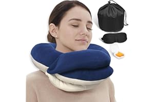 BUYUE Reise-Nackenkissen für Flugzeuge, 360° Kopfstütze Schlaf für Lange Flüge, Kit mit 3D konturierte Augenmaske, Ohrstöpsel und Aufbewahrungstasche (Erwachsene, blau, 45KG+)