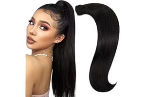 ‎RUNATURE RUNATURE Clip in Ponytail Echthaar Schwarz Zopf Haarteile Natürliches Schwarz Pferdeschwanz Echte Haar Zopf Remy Haar Lang Clip in Zopf Echthaar 55cm 22 Zoll 80g #1B