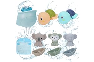 Fenarid Jouet Bain Bébé – 3 Bateaux Silicone + Tortues Nageuses + Crabe Fontaine + Filet Rangement Jouet Bain – Jeux Bain Bébé sans BPA – Marque Française