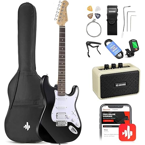 Donner DST-100B 39 Inch Electric Guitar Beginner Kit Solid Body Full Size Black HSS for Starter, with Amplifier, Bag, Digital Tuner, Capo, Strap, String,Cable, Picks