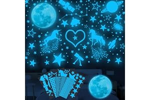 DICLLY Świecące Gwiazdy do Pokoju Dziecięcego, 899 Sztuk Samoprzylepnych Świecących Gwiazd, Naklejki Świecące z Niebieskim Księżycem, Gwiazdami, Jednorożcami, Fluorescencyjne Naklejki Ścienne