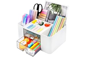 LYLIDIA Desk Organiser Tidy White Desk Organiser Drawers Desktop Stationary Organiser Storage Large Capacity Pen Holder for Desk Accessories Kids Teacher Gift Office School Home Table Decor