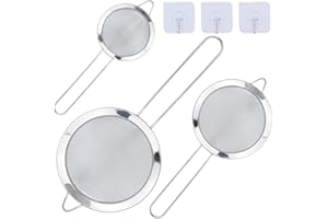 MAOQYE Lot de 3 petites passoires à mailles fines en acier inoxydable avec crochets de cuisine, 8 cm/12 cm/18 cm de diamètre, passoire à thé, passoire de cuisine – Idéal pour le jus, les œufs, le thé, le