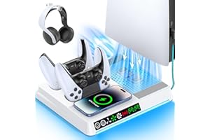 OIVO VGA DESIGN Support de Refroidissement PS5 Compatible PS5/PS5 Slim/PS5 Pro, Chargeur Manettes PS5 avec Charge sans Fil, Support PS5 avec Ventilateur 3 Vitesses et Lumière RVB, Station de Charge et Rangement