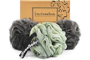 myHomeBody Large 70g Loofah Sponge, Bath Body Scrubber for Women, Men, Exfoliating Shower Pouf with Activated Charcoal - 2 Graphite Gray + 1 Sage Green, 3 Pack