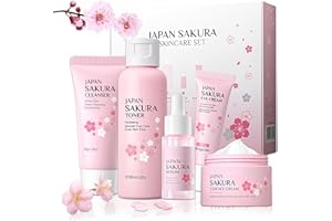 YCAAEO Sakura Ensemble de Soins du Visage 5 Pièces,Sakura Skin Care Set avec Nettoyant Visage,Toner,Contour Yeux,Sérum,Crème,Sakura Coffret Soin Visage Femme pour Adolescentes Fille et Femmes