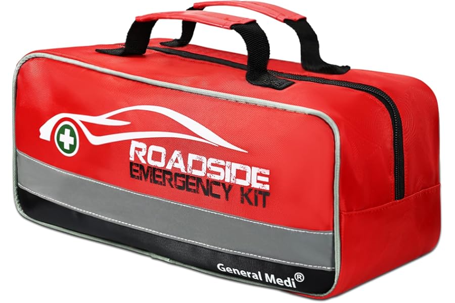 General Medi 127-Pieces Roadside Car Emergency Kit Include Mini First Aid Kit, Jumper Cables,Tow Rope, Bandage, Safety Vest, Emergency Triangle, All in One Pack