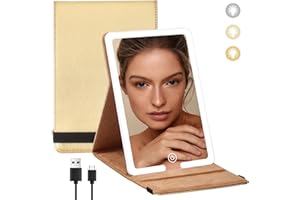 HMGGOOFA Makeup Mirror with Lights, PU Leather Travel Mirror with 3 Color Dimming Lighted Makeup Mirror, 8x5.5IN Vanity Mirror with Lights, 1500mAh Tabletop Cosmetic Mirror, Portable LED Travel Light Up Mirror