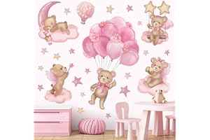 wondever Pegatinas de Pared Animales Globos Aerostáticos Oso Adhesivos Decorativos Globos Rosa Oso Nubes Vinilos Pared para Habitación Niña Infantiles Bebés Guardería