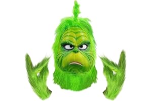 BFSYRR 3 Pcs Christmas Mask Costume, Green Latex Full Face Mask, Green Fuzzy Gloves, Big Monster Mask to Make Scared at the Party, Adult Christmas Fancy Dress Party Essential Props