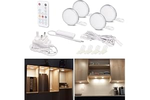 WOBANE Under Counter Lights, Dimmable LED Under Cabinet Lighting, 4 Pack LED Puck Lights with Remote Control,9W Display Lights for Cabinets,Kitchen,Shelf,Showcase,Cupboard,6000K White,Super Bright