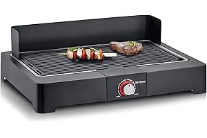 SEVERIN Barbecue électrique 2 200 W avec grille en fonte d'aluminium, Barbecue de table avec pare-vent amovible, eBBQ avec bac à eau pour utilisation en intérieur et extérieur, Noir, PG 8567