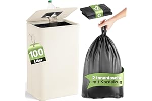 BATHOLA Pfandflaschen Sammelbehälter mit Deckel 100L, Groß Pfandflaschen Behälter mit 2 Tragetasche, Flaschensammler Leergut für Plastik- und Glasflaschen, Pfandbehälter mit Einwurf, Beige
