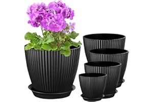 PROFIKLA 18/15/14/13/11.5cm Plastic Plant Pots, Pack of 5 Flower Pots, Plant Pots with Drainage Holes and Saucers, Modern Decorative Planters, Black
