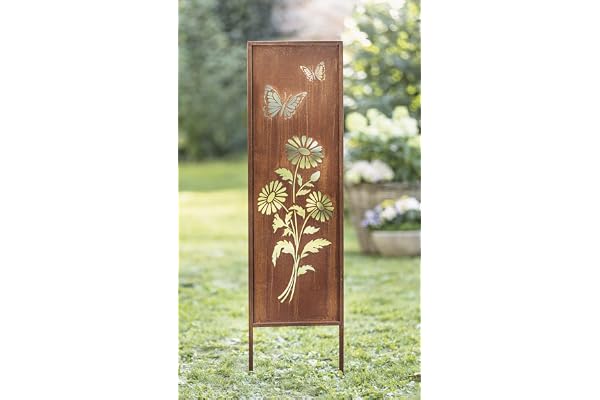 Plaque décorative en métal « Fleurs et papillons » avec finition en rouille véritable, 117 cm de haut, plaque décorative pour jardin, piquet de jardin