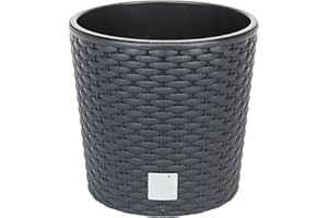 Rato Round Anthracite Pot de Fleur en Plastique Aspect Rattan Rotin 30 cm