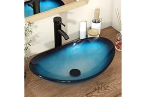‎YU YUSING YU YUSING Aufsatzwaschbecken Waschbecken Glas Waschtisch, Oval Hand Waschschale mit Wasserhahn Set, Waschplätze für Badezimmer Küche Gäste WC, Modern Blau, 53 x 35 x 16 cm