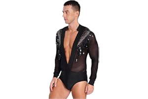 TiaoBug Herren Latein Body Langarm Hemd mit Tiefer V Ausschnitt Ballettanzug Transparent Ballett Trikot Pailletten Quaste Gymnastik Leotard Glänzend Kostüm