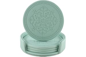 LISRSC Coasters Set of 4 - PU Leather Mat with Holder - Green Round Coasters for Drinks - Coffee Table Pads Set Gifts for Home,Bars,Cafes,Party,Office Decor