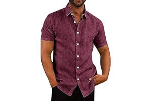 APOONABA Camisa Hombre Manga Corta Camisa Verano Casual Coton Shirts Clásico Color Sólido Camisa con Bolsillo