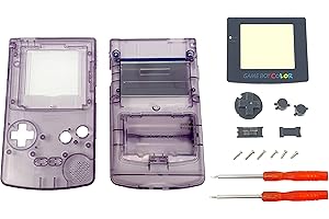 THE TECH DOCTOR Gameboy Color Coque complète de remplacement pour boîtier de protection, lentille d'écran et boutons – Kit de réparation professionnel avec outils (violet transparent)