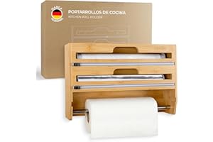 EXITOSO Zewa - Cortador de papel de aluminio de bambú, soporte para rollos de pared para cocina, dispensador de papel de cocina, sin taladrar, madera, soporte para rollos de cocina
