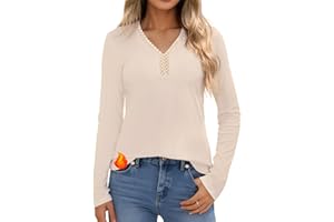Crewhpo Haut Thermique Femme avec Dentelle Col V T Shirt Thermiques Cotton à Manches Longues sous Pull Hiver Chaud Tee Shirt Thermolactyl Casual Couleur Unie XS-XXL