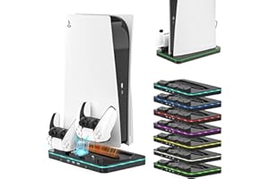 QYCHHJ PS5 Cooling Stand with Controller Charger, Cooling Station for PS5 Disc & Digital Editions, 2 Levels Adjustable Fans Speed, PS5 Controller Charging Docking Station with 3 USB Ports