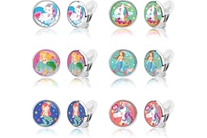 Hifot 6 Pares Pendientes de Clip para Niñas, Unicornio Pendientes de diseño sin Perforaciones Sirena Pendientes y Princesa Viste a Jugar Aretes para Niños